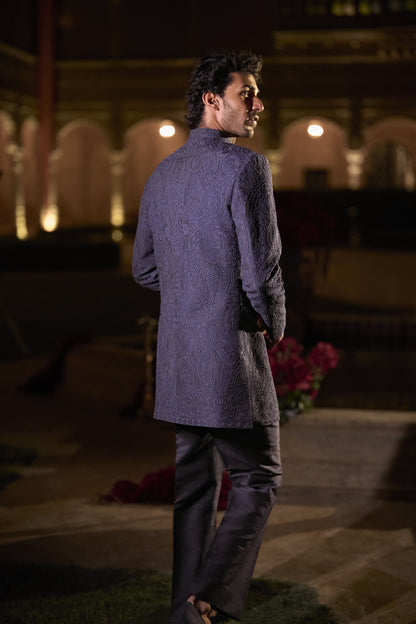Navy Blue Abstract Sherwani Set