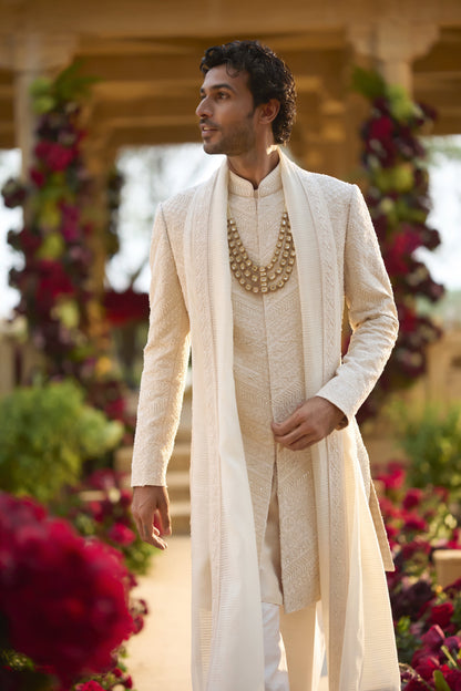 Cream Pearl Sherwani Set
