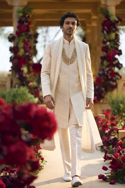 Cream Pearl Sherwani Set