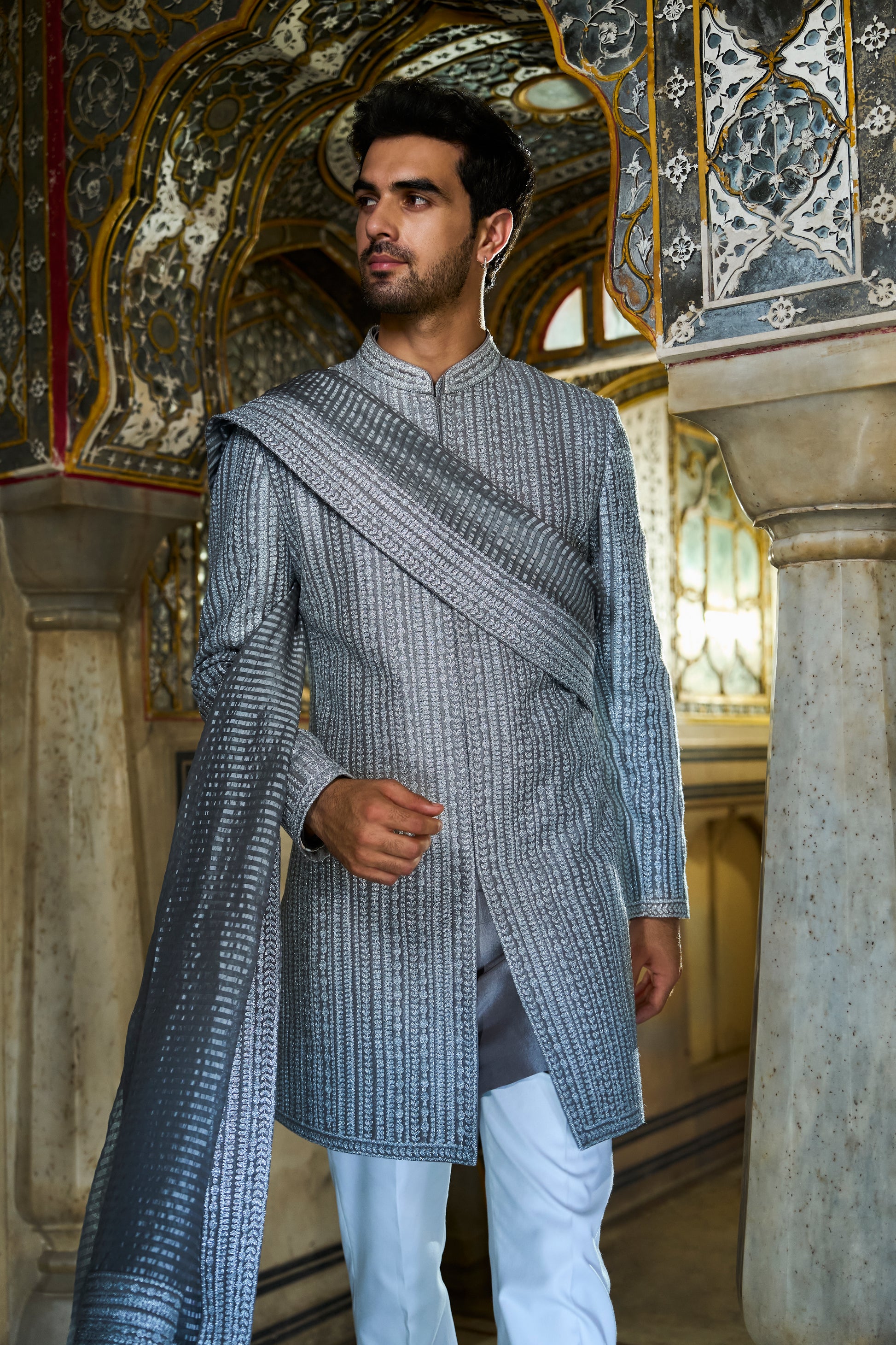 Slate Grey Dori Designer Sherwani Set