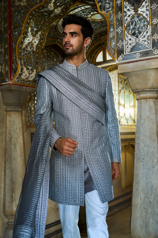Slate Grey Dori Designer Sherwani Set