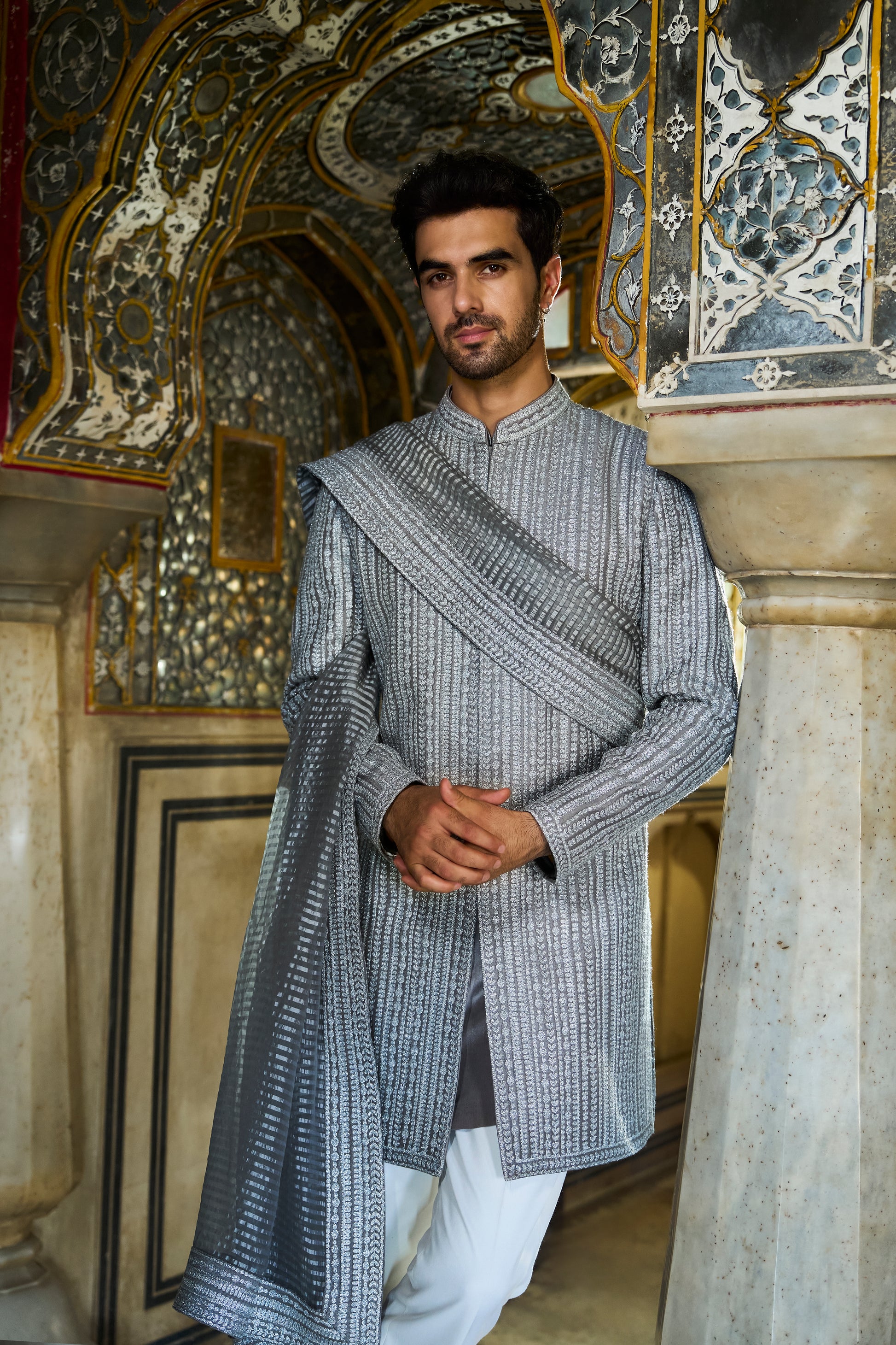Slate Grey Dori Designer Sherwani Set