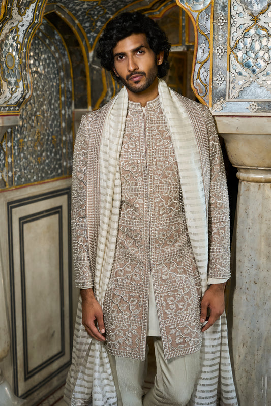 Silver Geometric Designer Sherwani Set