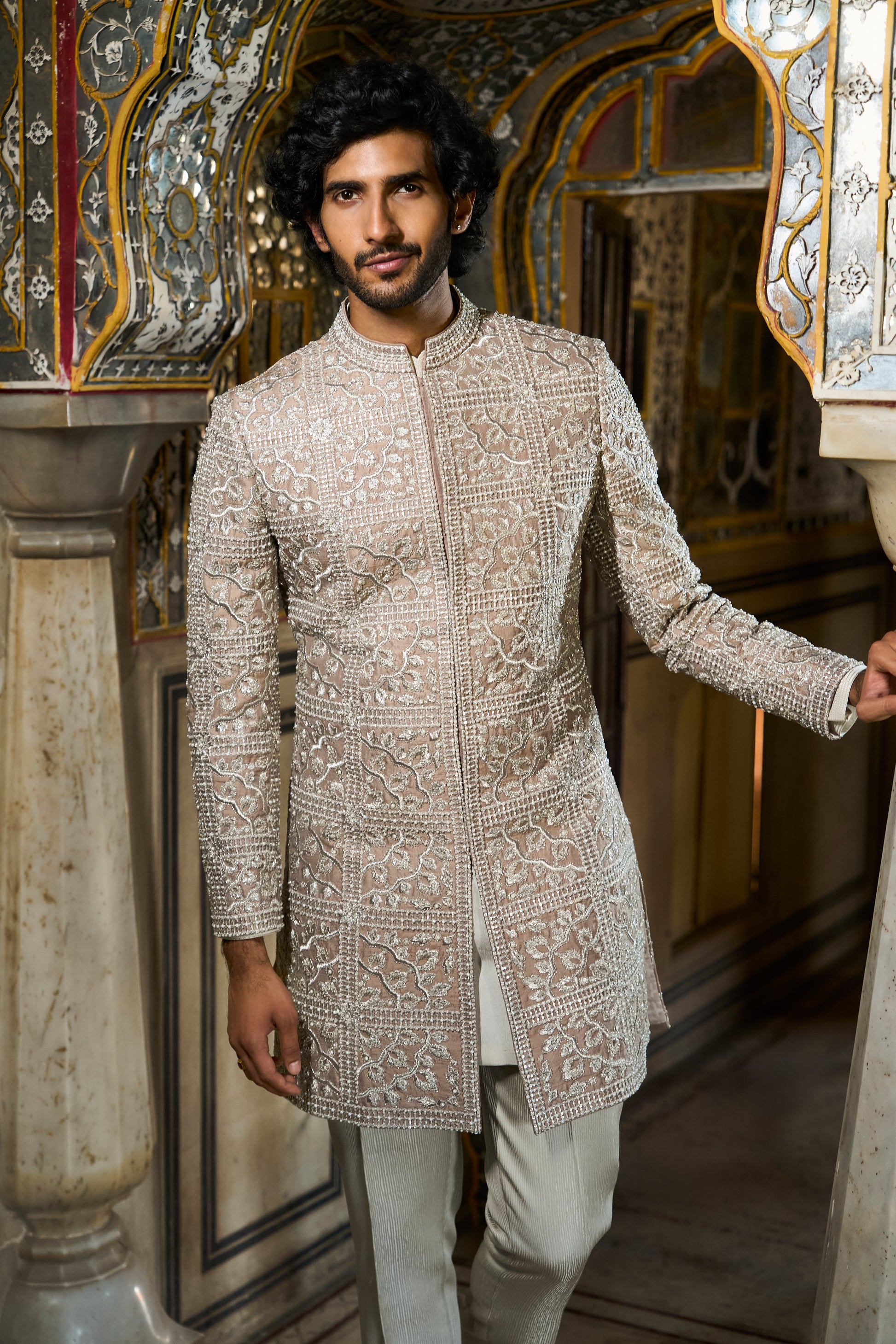 Silver Geometric Designer Sherwani Set