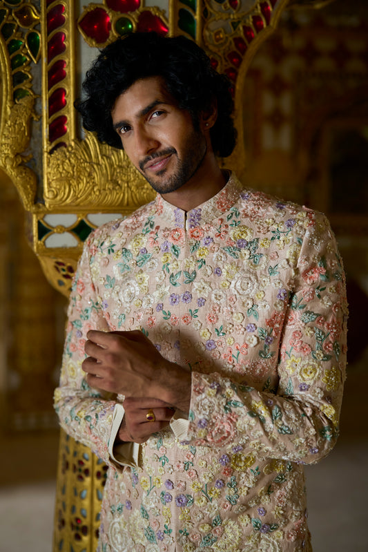 Couture Cream Multi-Coloured Three- Dimensional Sherwani Set