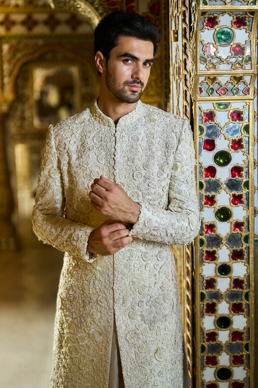 Vintage Ivory Three-Dimensional Designer Sherwani Set