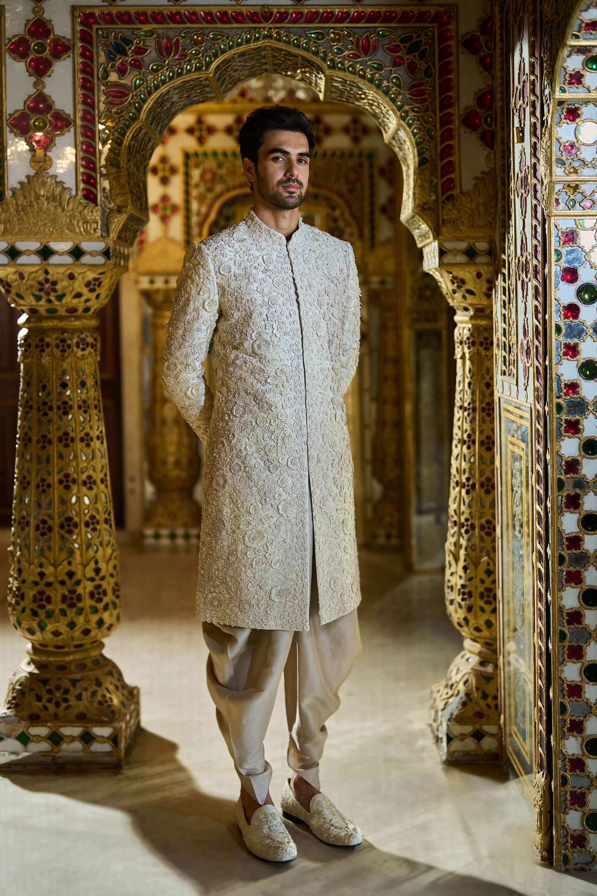 Vintage Ivory Three-Dimensional Designer Sherwani Set