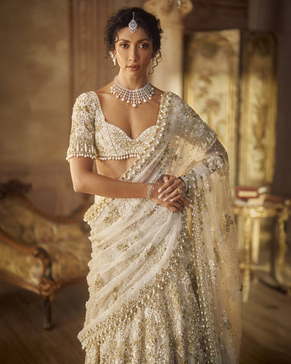 Ivory Gold Lehenga Saree Set
