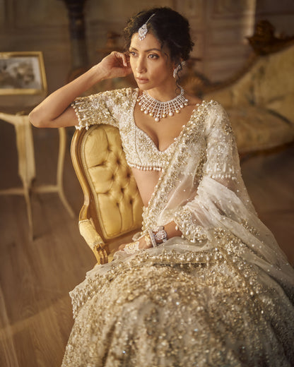 Ivory Gold Lehenga Saree Set