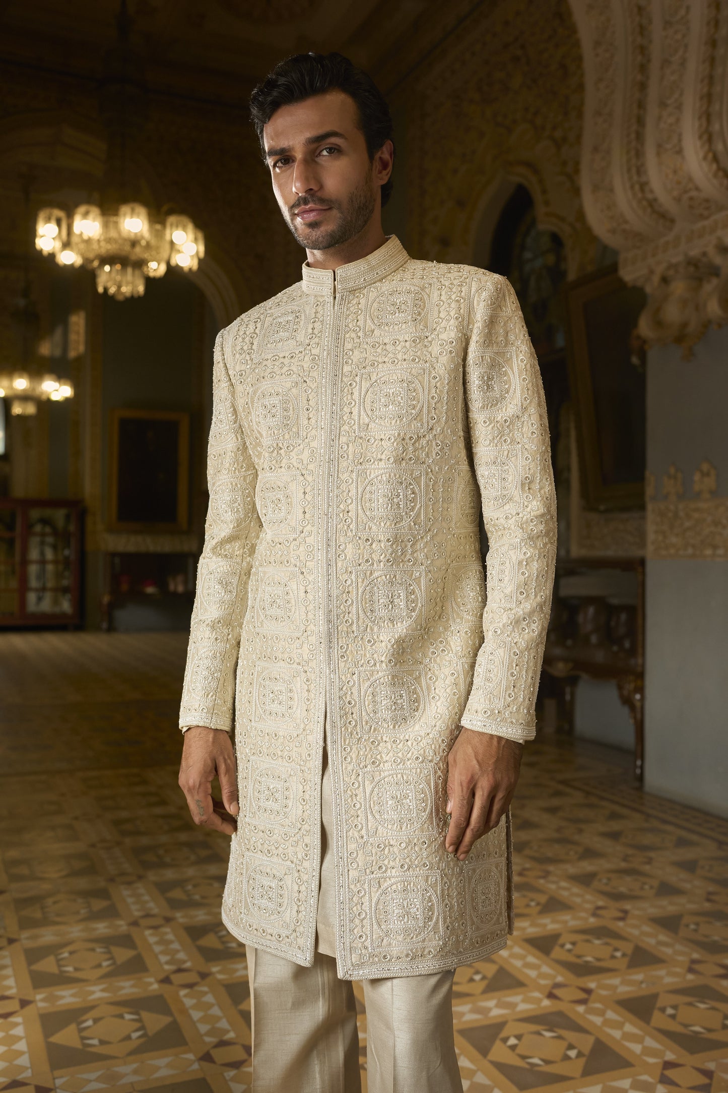 Nude Geometric Sherwani Set
