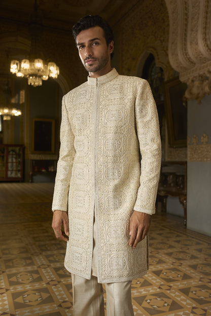 Nude Geometric Sherwani Set