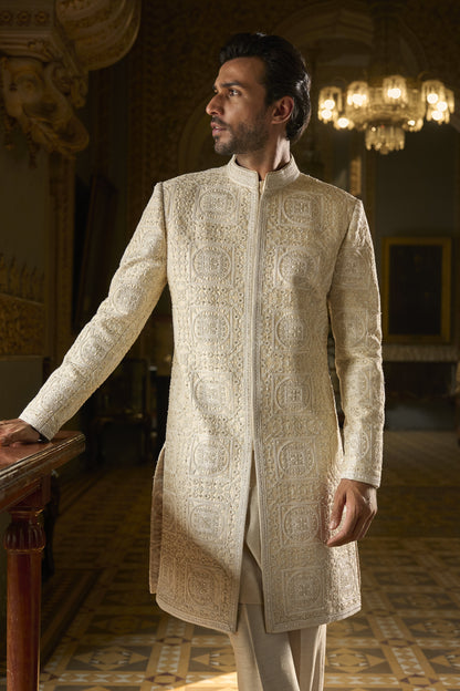 Nude Geometric Sherwani Set
