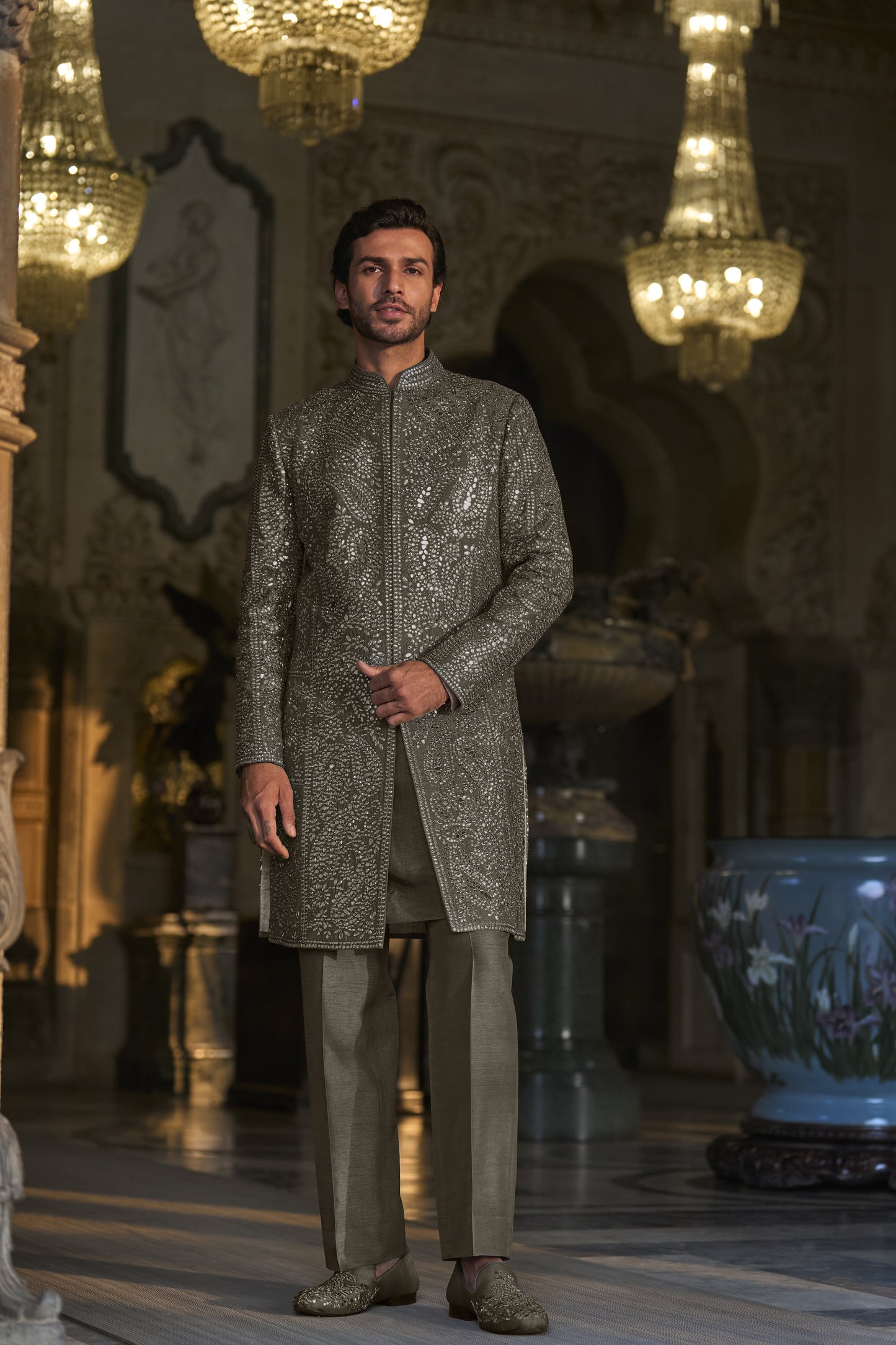 Stone Grey Mirror Work Sherwani Set