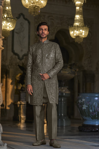 Stone Grey Mirror Work Sherwani Set