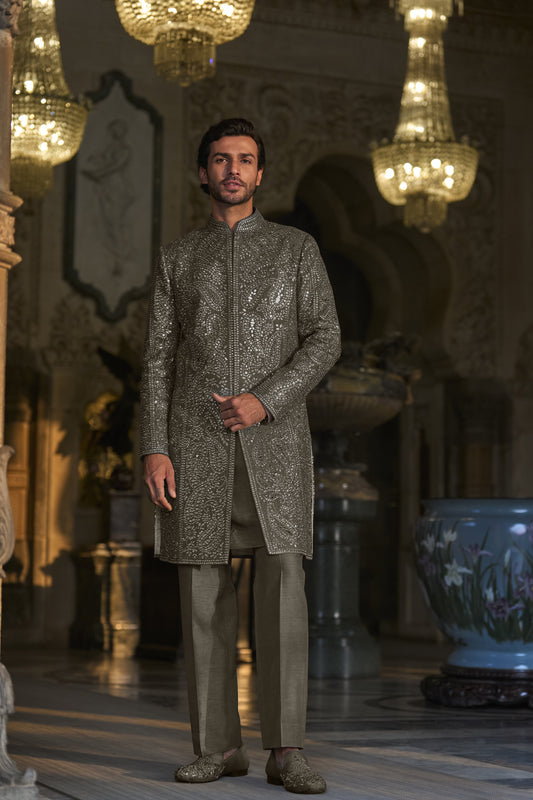 Stone Grey Mirror Work Sherwani Set