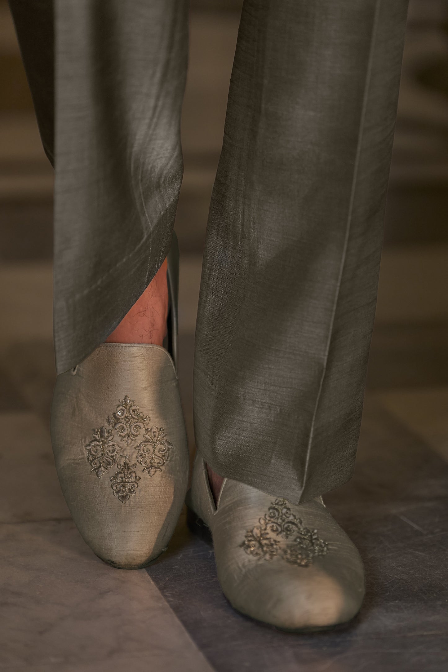 Stone Grey Mirror Work Sherwani Set