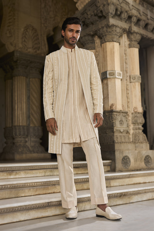 Beige Pearl Open Sherwani Set