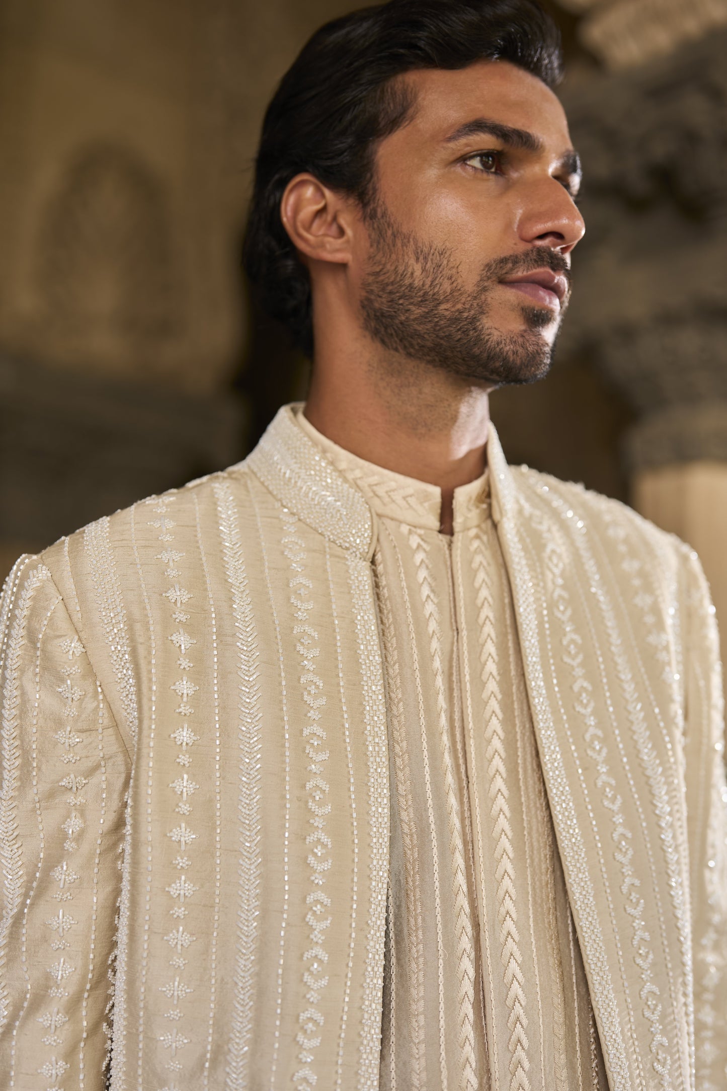 Beige Pearl Open Sherwani Set