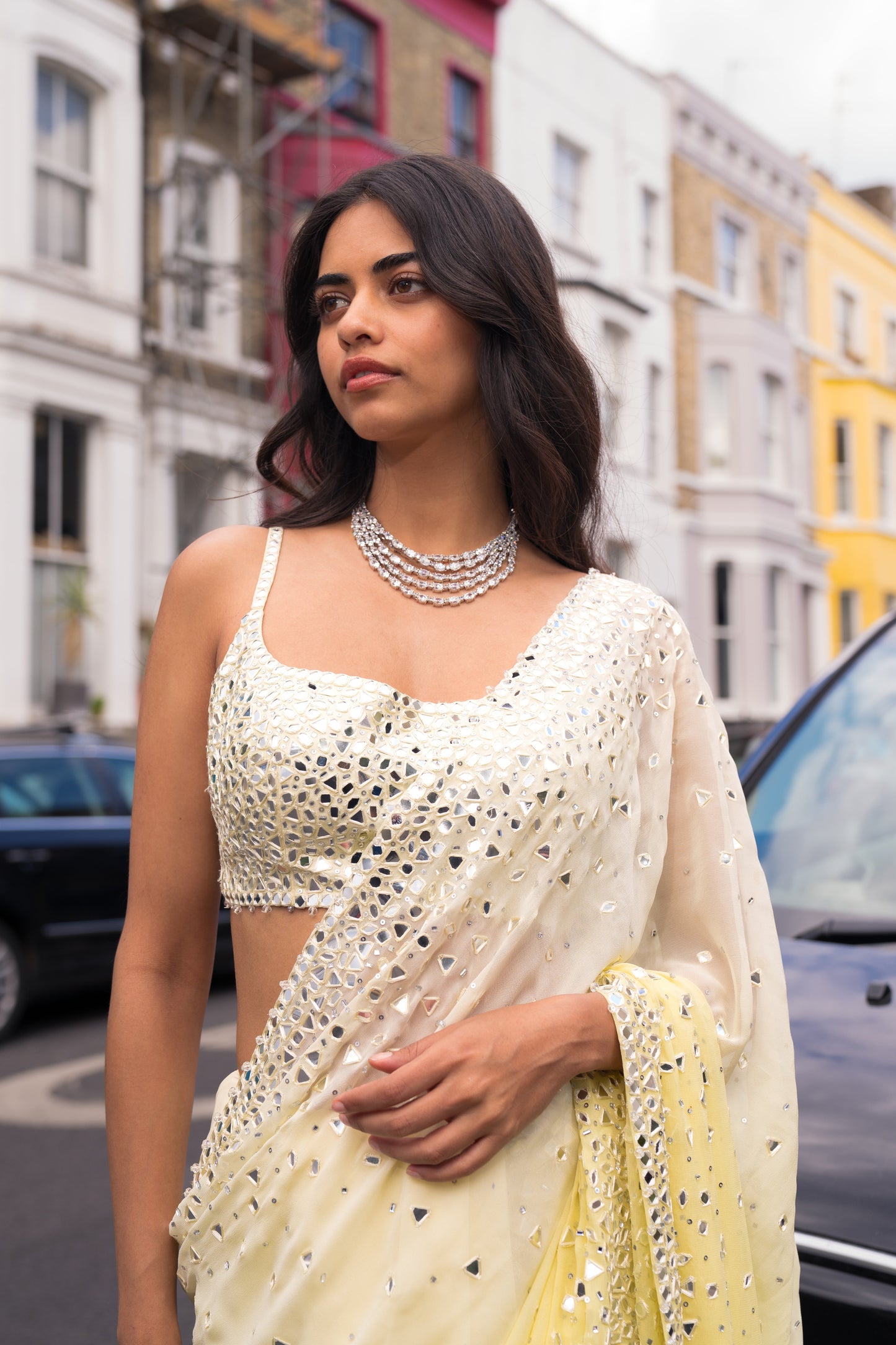 Ombre Lemon Mirror Work Saree