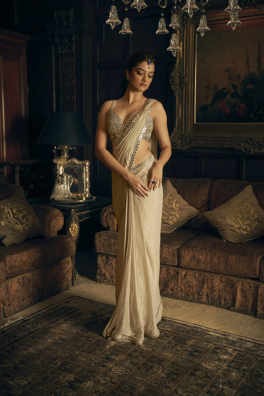 Silver Mirror work Stitched Saree