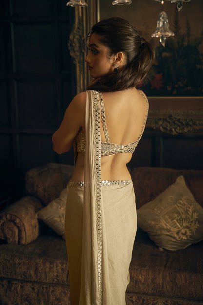 Silver Mirror work Stitched Saree