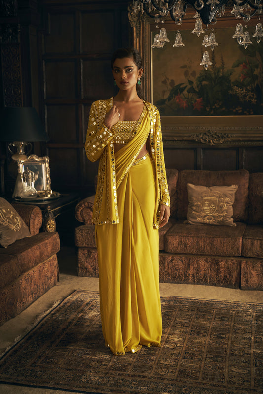 Yellow Mirror Work Stitched & Jacket Saree
