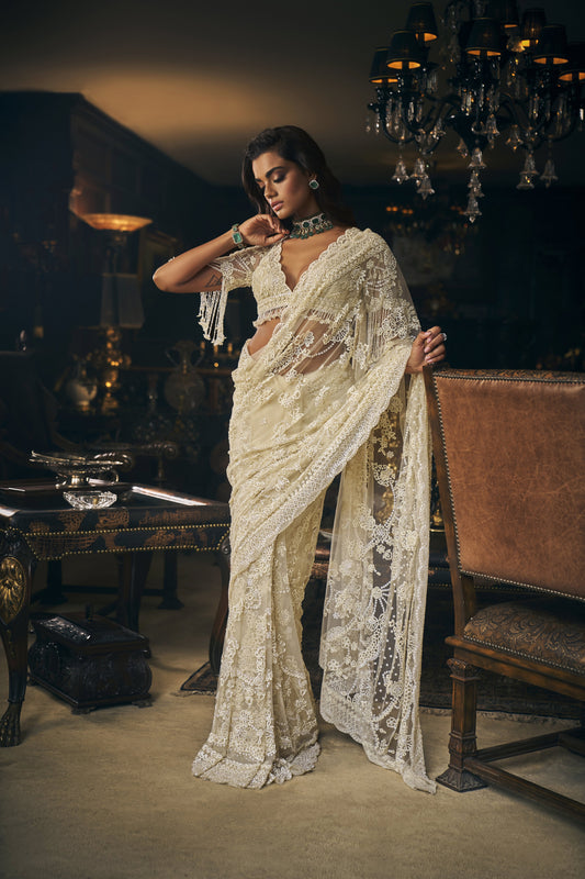 Ivory Three-dimensional saree