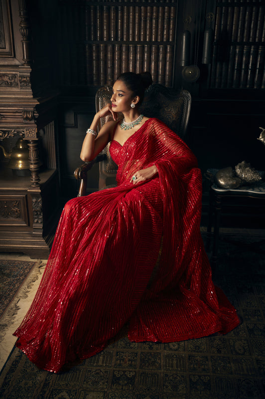 Red Sequin Net Saree