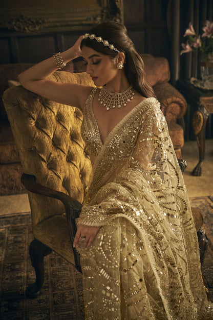 Cream Gold Mirror Work Saree