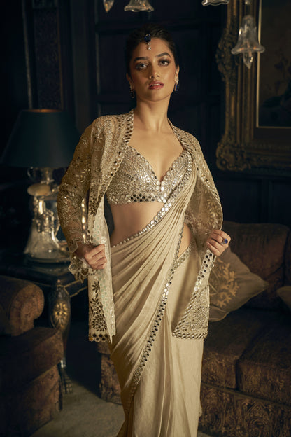 Silver Mirror Work Stitched & Jacket Saree