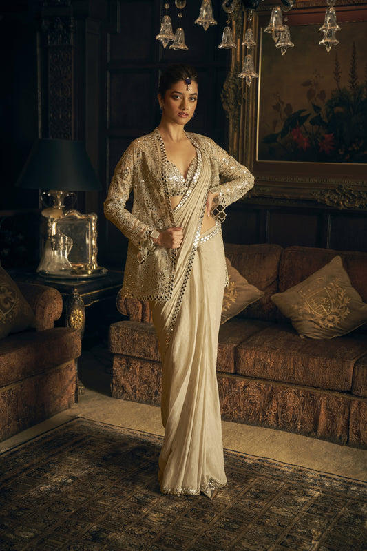 Silver Mirror Work Stitched & Jacket Saree