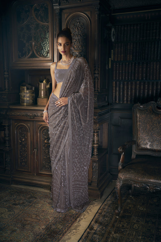 Grey crystal saree