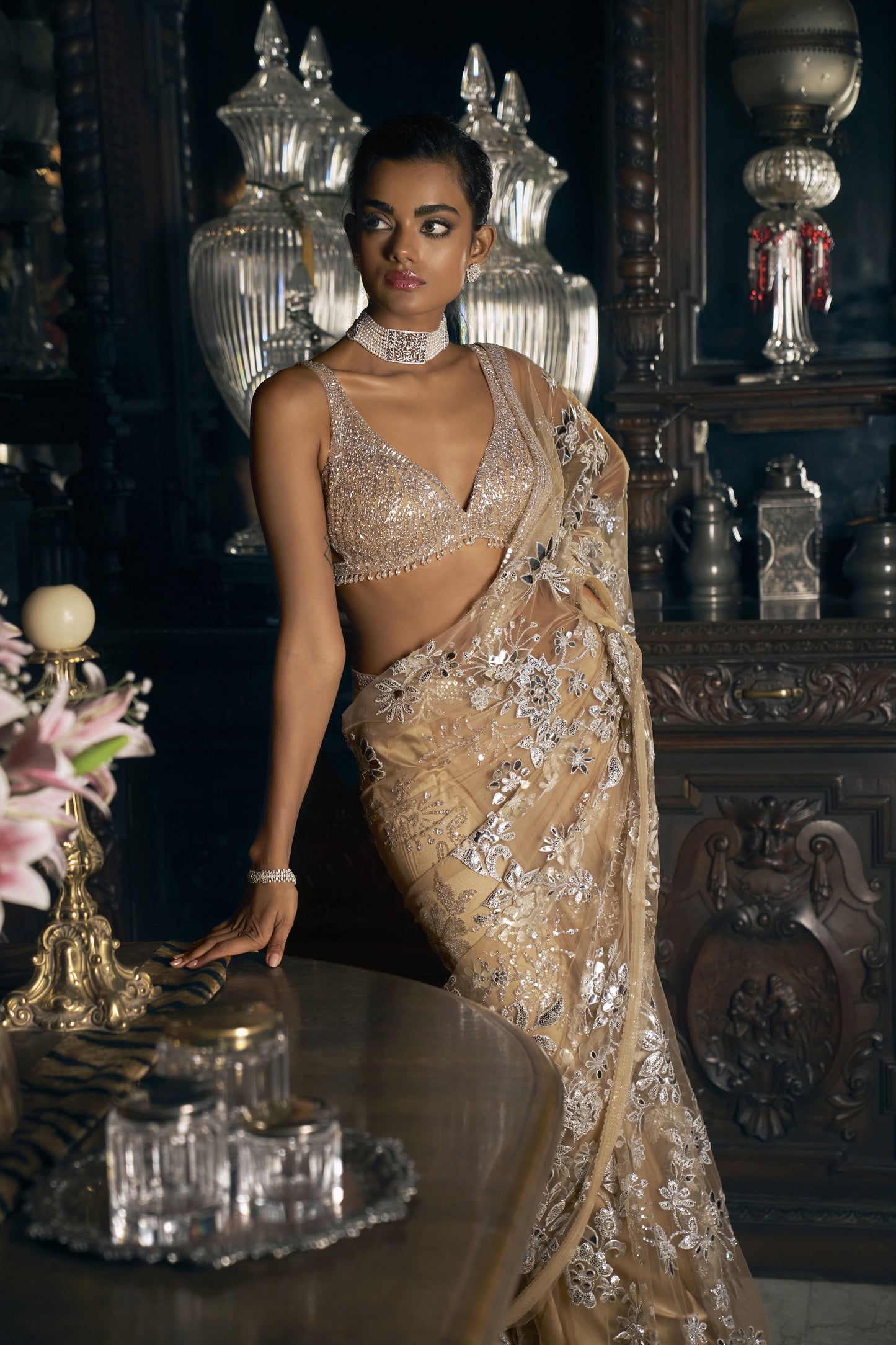 Nude Silver Applique saree