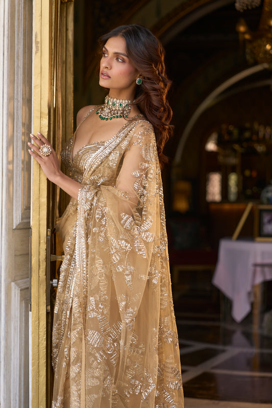 Gold Sequin Designer Saree By Seema Gujral