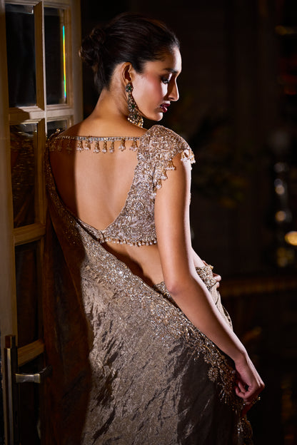Coffe Brown Tissue Organza Designer Saree