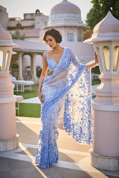 Powder Blue Three - Dimensional Floral Saree