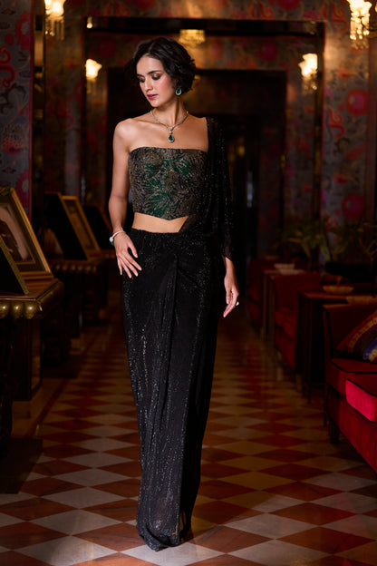 Pre-draped Black Corset designer Saree
