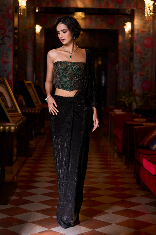 Pre-draped Black Corset designer Saree