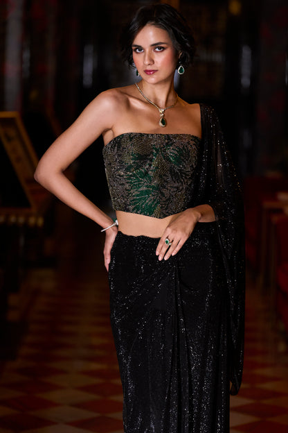 Pre-draped Black Corset designer Saree