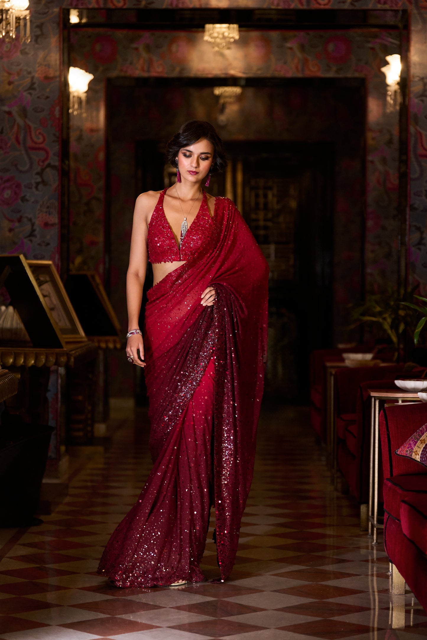 Red Ombre Sequin Georgette Saree