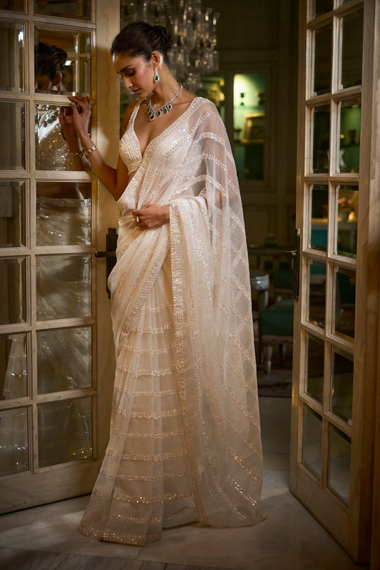 Ivory Organza Sequin Designer Saree