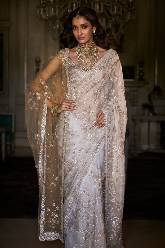 Ivory Gold Sequin Saree