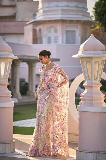 Mint Green Multi-Coloured Floral Designer Saree