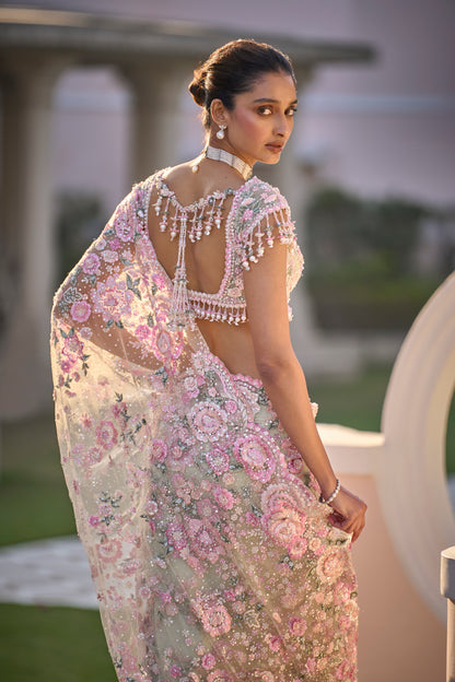 Mint Green Multi-Coloured Floral Designer Saree