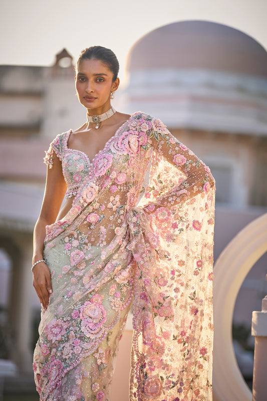 Mint Green Multi-Coloured Floral Designer Saree