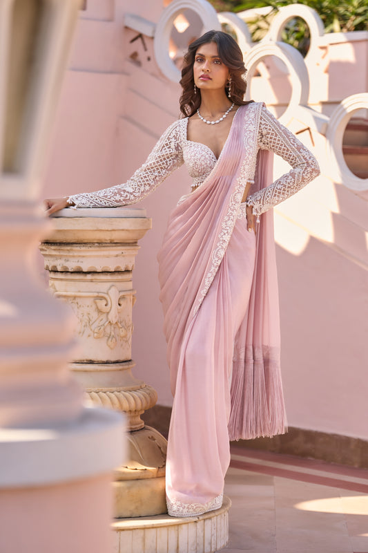 Powder Pink Draped Dori Saree