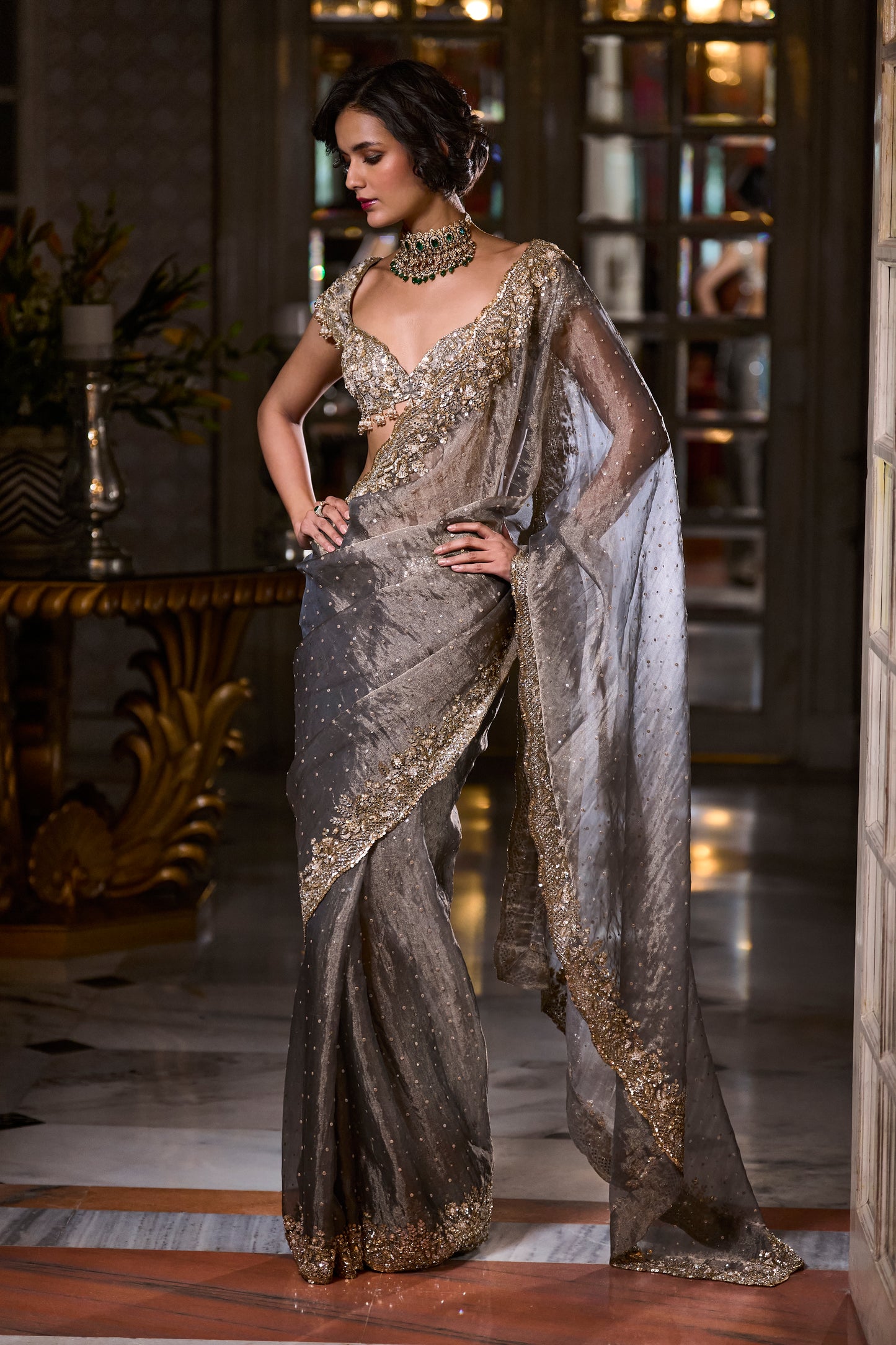 Stone Grey Tissue Organza Designer Saree