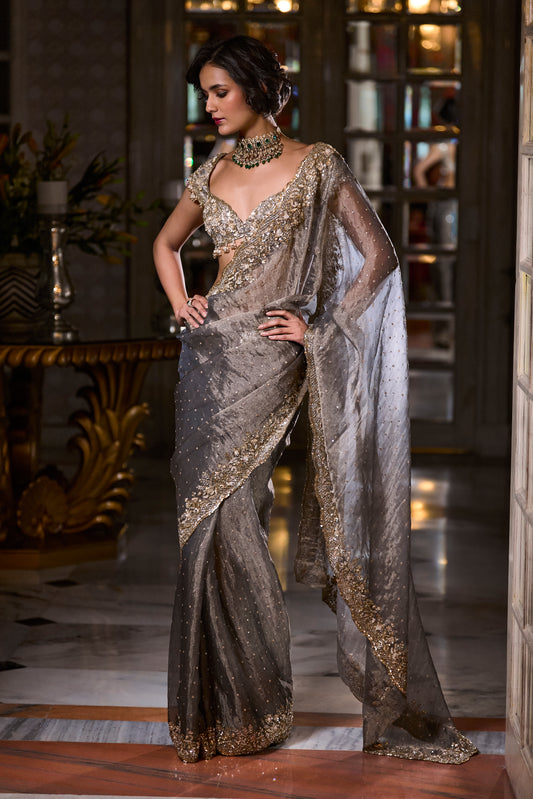 Stone Grey Tissue Organza Designer Saree