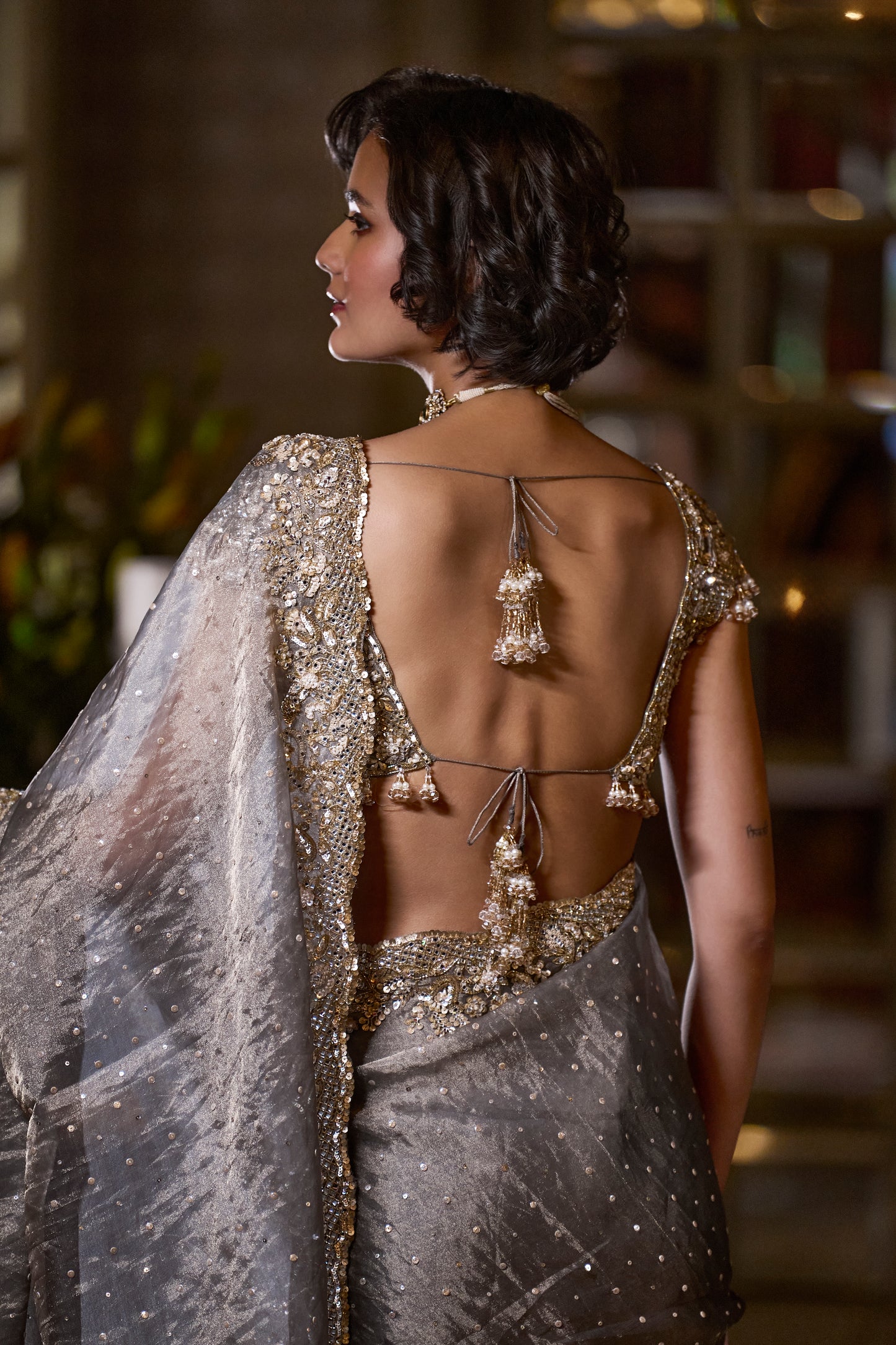 Stone Grey Tissue Organza Designer Saree