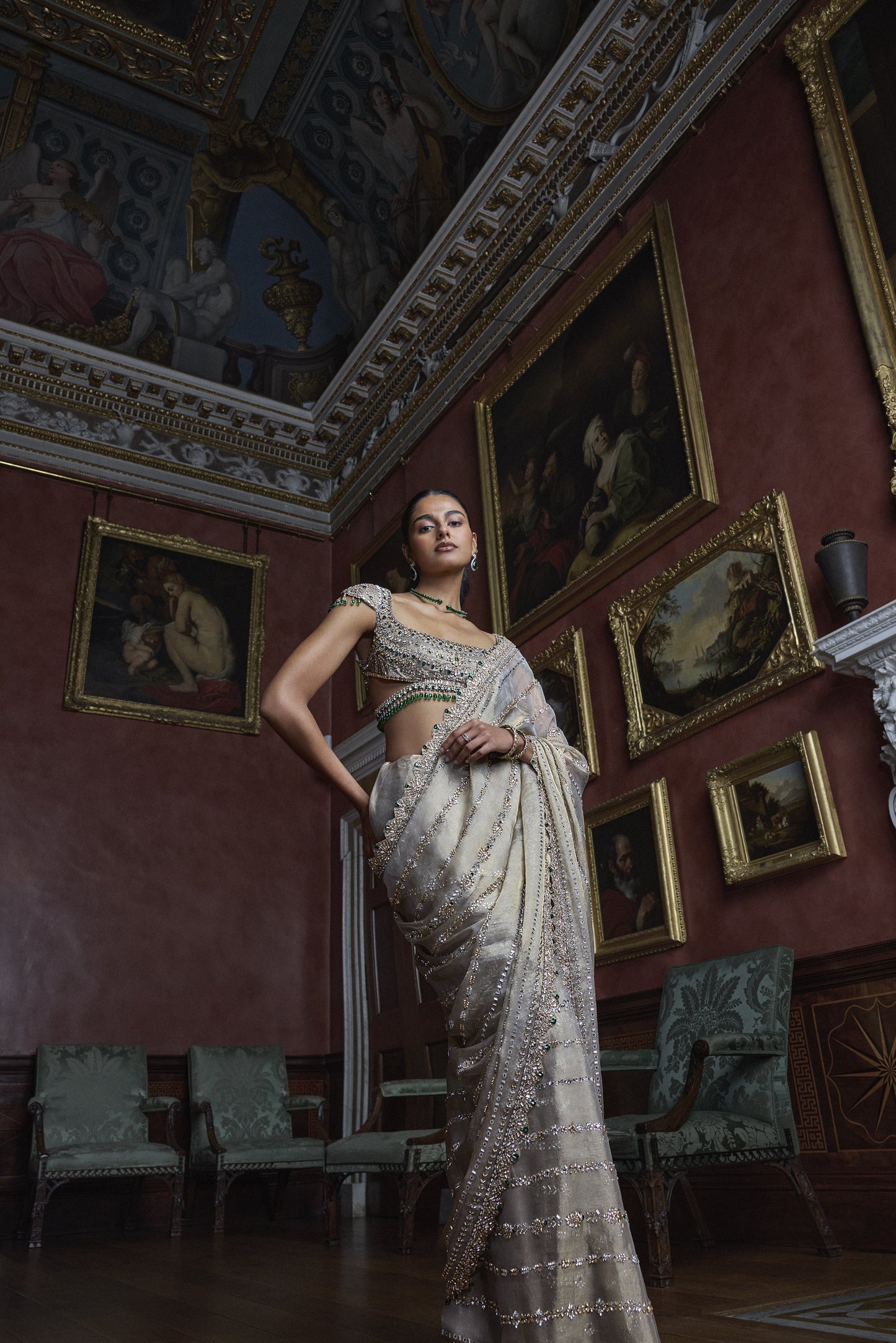 Champagne Emerald Crystal Saree